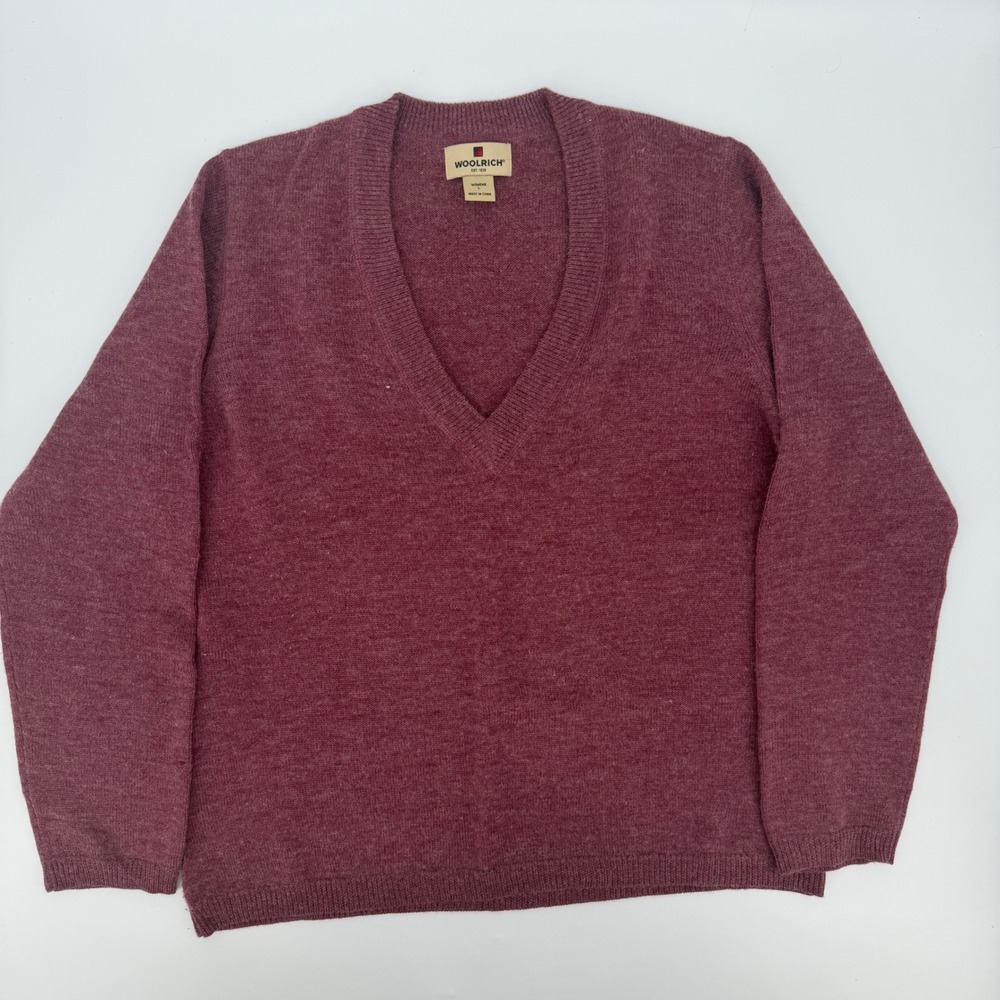 Woolrich Womens V-Neck Sweater Dark Berry Heather Wool Blend Pullover 9522 Large